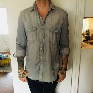 Professionally Distressed SUPER soft denim shirt.